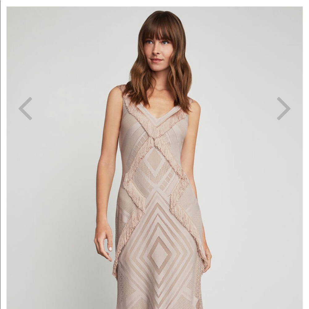 BCBG Maxazaria trimmed- fringe gown. Tan